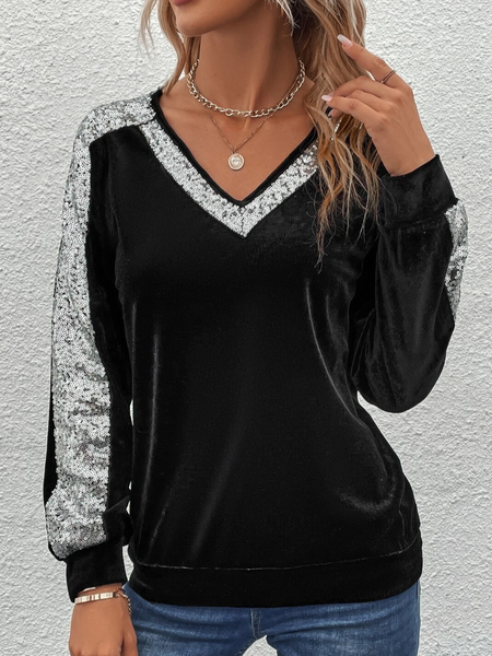 Urban Color Block Velvet Glitter V neck Sweatshirt, Black, Clothing