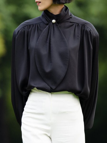 Elegant Stand Collar Plain Tie Loose Blouse, Black, Blouses and Shirts