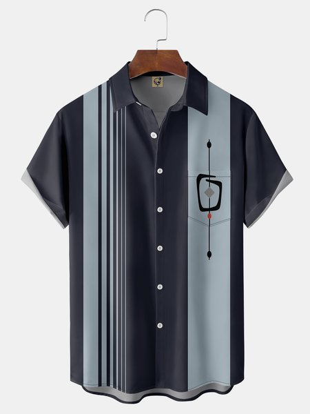 Mid Century Geometric Chest Pocket Short Sleeve Bowling Shirt, Deep blue, Men Shirts
