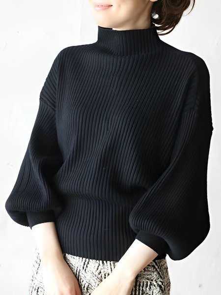 Loose Plain Half Turtleneck Elegant Sweater, Purplish blue, Pullovers