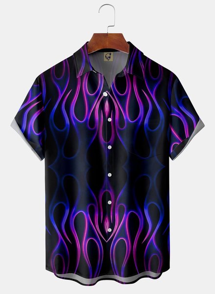 Asymmetric 3D Flame Chest Pocket Short Sleeve Casual Shirt, Purple, Men Shirts