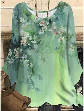 Crew Neck Casual Floral Loose Top, Green, Tops