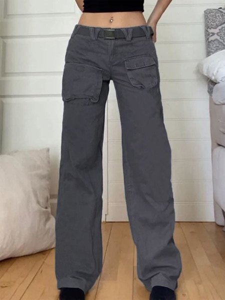 Plain Cotton Casual Loose Pants, Deep gray, Pants