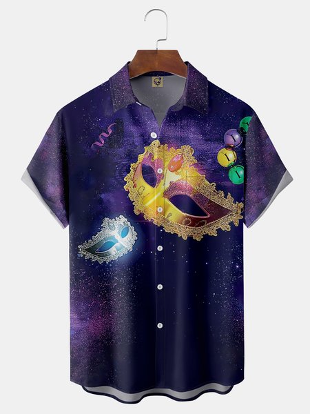 Mardi Gras Chest Pocket Short Sleeve Casual Shirt, Purple, Men Shirts