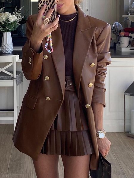Loose Urban Lapel Collar Plain Blazer, Brown, Blazers
