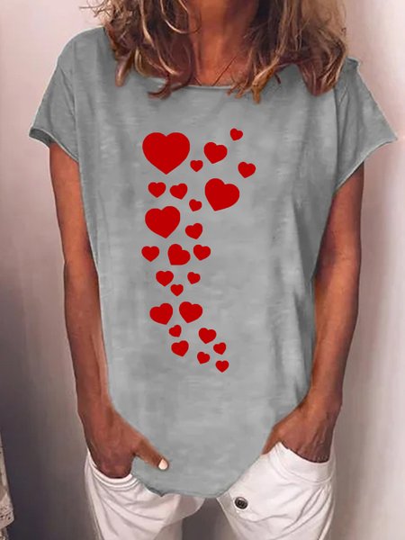 Womens Casual Hearts Print Crew Neck T-Shirt, Gray, T-shirts
