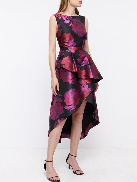 Elegant Floral Crew Neck Dress & Party Dress, Black, Maxi Dresses