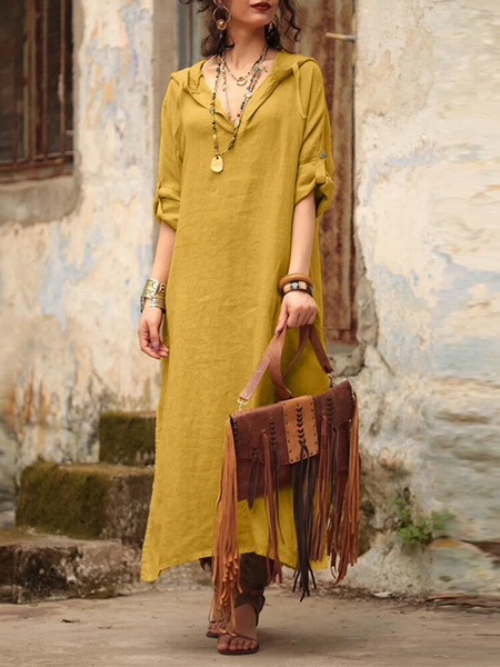 V Neck Cotton And Linen Vacation Loose Dress, Yellow, Maxi Dresses