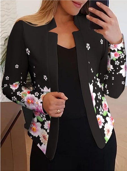 Floral Wrap Casual Loose Blazer, Black, Blazers