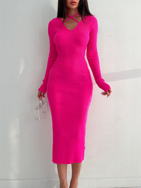 Elegant Long sleeve Knitting Halter Dress, Pink, Midi Dresses