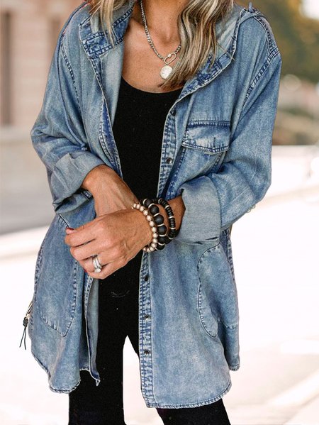 Casual Loose Plain Hoodie Denim Jacket, Blue, Coats