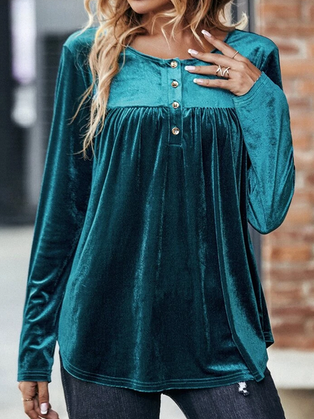 Casual Plain Crew Neck Loose T-Shirt, Aqua blue, Tunics