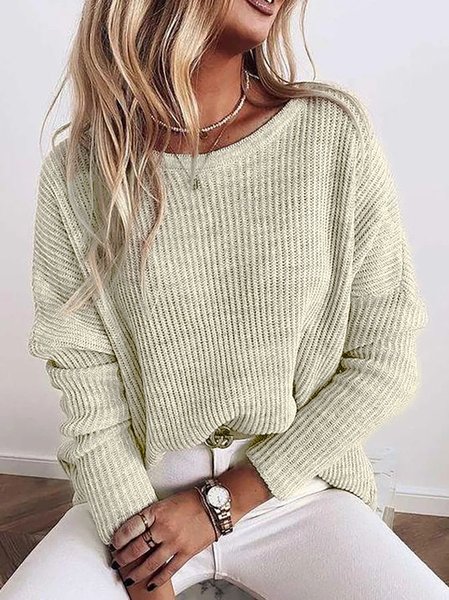 

Daily Casual Round Neck Long Sleeve Solid Acrylic Sweater, Apricot, Sweaters & Cardigans