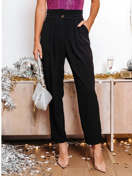 Plain Casual Loose Casual Pants, Black, Pants