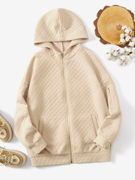 Plain Zip Up Drop Shoulder Drawstring Hoodie Other Coat, Apricot, Coats