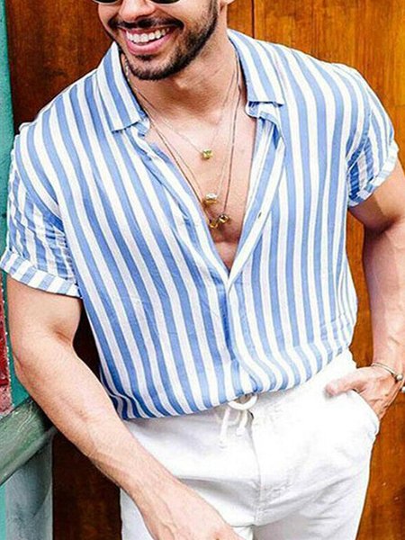 Striped Short Sleeve Casual Shirt, Blue, Men Shirts