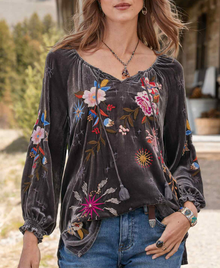 Boho Velvet Crew Neck Loose Top, Black-brown, Tops