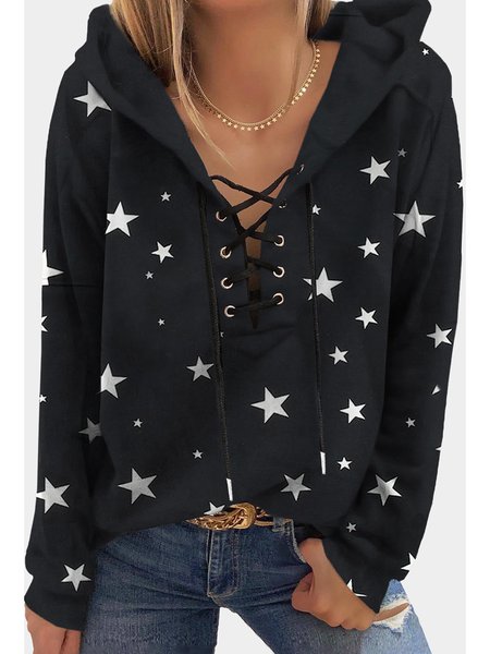 Loose Hoodie Casual Star Sweatshirt, Black, Tops