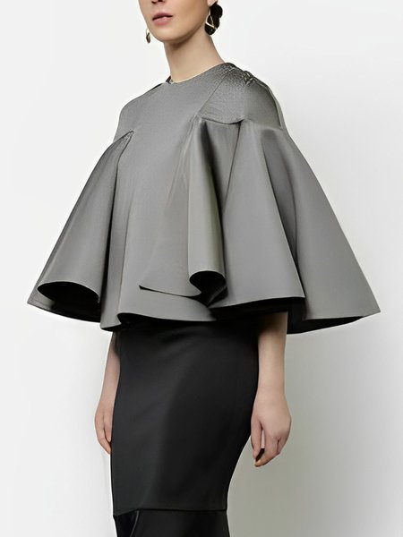 Crew Neck Elegant Plain Loosen Blouse, Gray, Blouses and Shirts