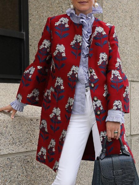 Elegant Crew Neck Loose Floral Print Overcoat, Red, Others