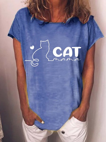 Women's Cat Mama Cotton-Blend Casual T-Shirt, Blue, T-shirts
