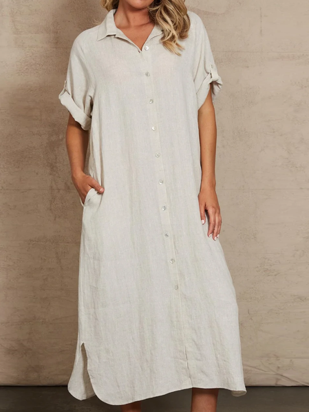 Casual Plain Loose Shirt Collar Dress, Khaki, Maxi Dresses