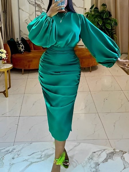 Elegant Regular Fit Lantern Sleeve Crew Neck Dress, Green, Midi Dresses