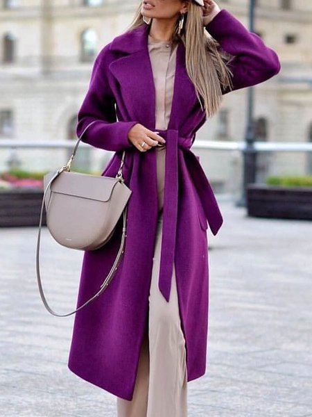 Urban Lapel Collar Plain Loose Overcoat, Purple, Coats