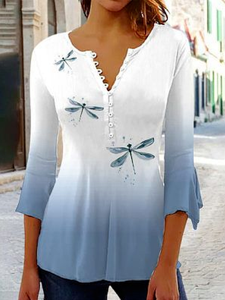 Casual V Neck Cotton-Blend Top, Blue, Tunics