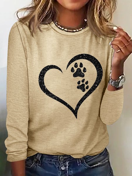 

Women's Print Dog Lover Paw Heart Regular Fit Simple Long Sleeve Top, Khaki, Long sleeves