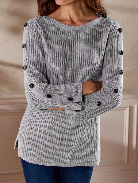 Casual Plain Crew Neck Sweater, Gray, Sweaters & Cardigans