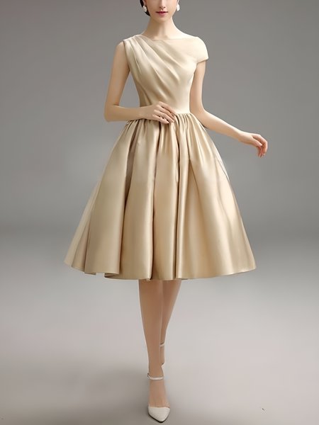 Satin Crew Neck Elegant Regular Fit No Elasticity Party Dress, Champagne, Midi Dresses