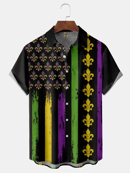 Mardi Gras Chest Pocket Short Sleeve Shirt, Black, Men Shirts