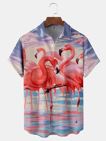 Flamingo Chest Pocket Short Sleeve Hawaiian Shirt, Red, Men Shirts