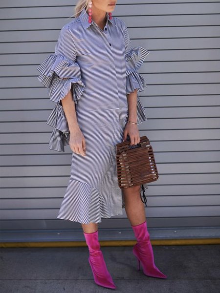 Long sleeve Elegant Shirt Collar Striped Dress, Green, Midi Dresses