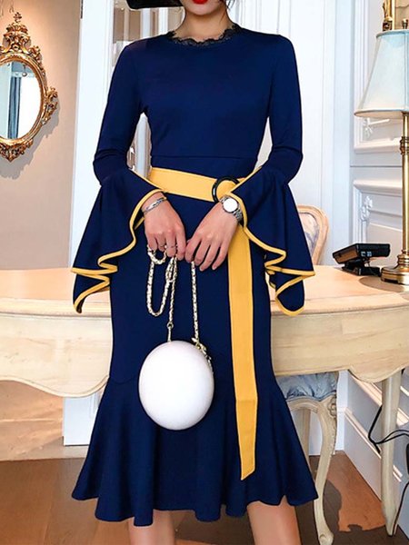 Color Block Regular Fit Elegant Long Sleeve Midi Dress, Blue, Midi Dresses