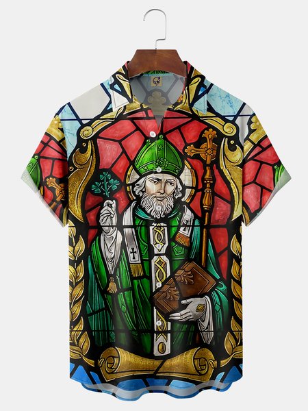 St. Patrick's Day Chest Pocket Short Sleeve Casual Shirts, Green, Men Shirts