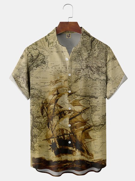 Sailing Chest Pocket Short Sleeve Shirt, Brown, Men Shirts