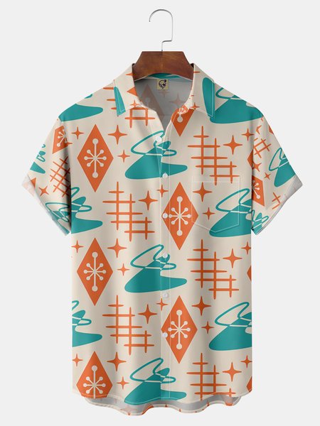 Geometric Chest Pocket Short Sleeve Shirt, Apricot, Men Shirts