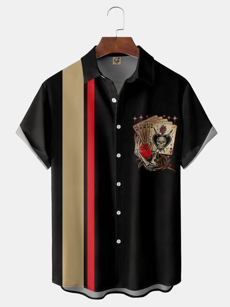 Poker Chest Pocket Short Sleeve Bowling Shirt, Black, Men Shirts