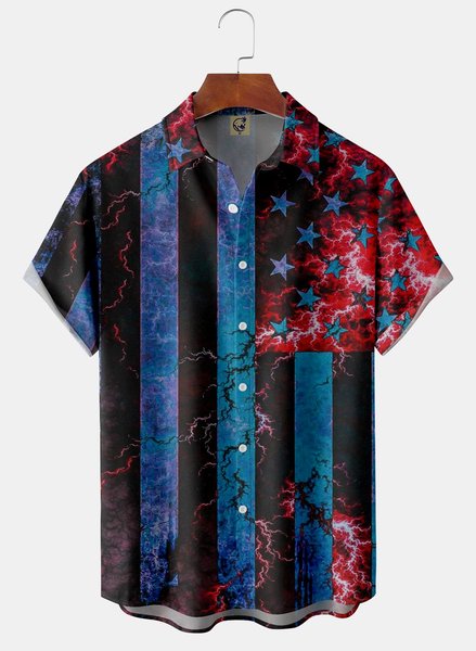 American Flag Chest Pocket Short Sleeve Casual Shirt, Dark blue, Men Shirts