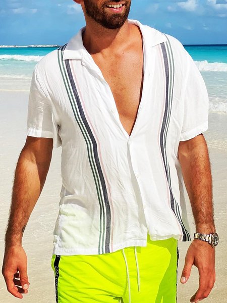 Striped Short Sleeve Bowling Shirt, White, Men Shirts