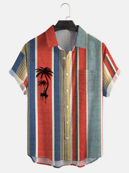 Coconut Tree Striped Chest Pocket Short Sleeve Vacation Shirt, Red-blue, Men Shirts