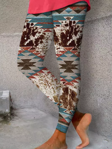 Geometric Casual Cotton-Blend Leggings, Multicolor, Leggings