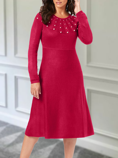 Casual Regular Fit Plain Crew Neck Dress, Red, Midi Dresses
