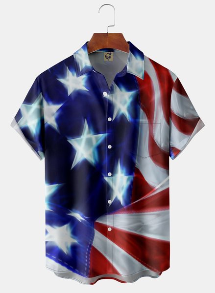 American Flag Chest Pocket Short Sleeve Casual Shirt, Blue, Men Shirts