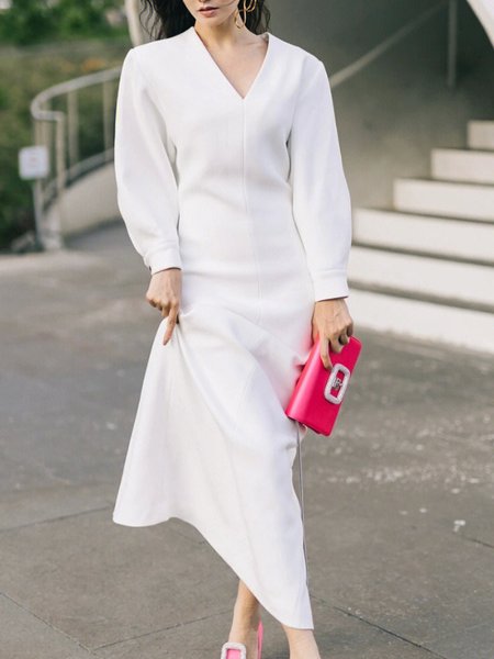 Urban V Neck Long Spring Daily Dress, White, Maxi Dresses