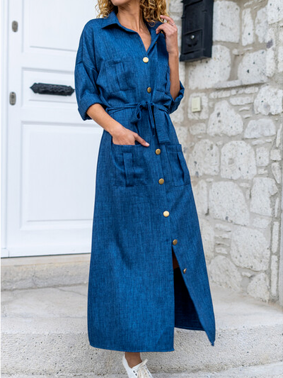 Shirt Collar Cotton-Blend Plain Casual Dress, Blue, Maxi Dresses