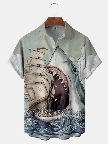 Japanese Ukiyoe Chest Pocket Short Sleeve Hawaiian Shirt, Green, Men Shirts