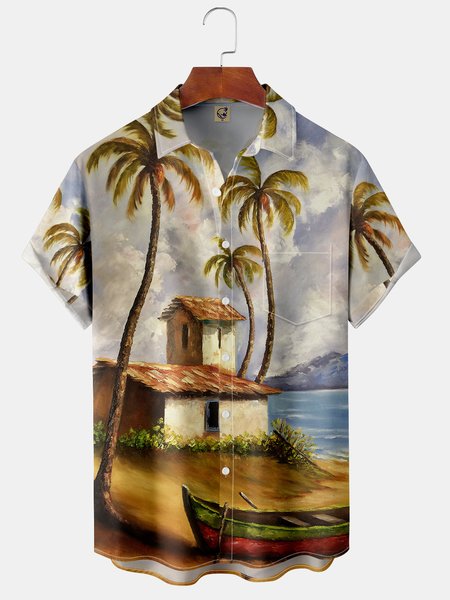 Coconut Tree Chest Pocket Short Sleeve Hawaiian Shirt, Green, Men Shirts